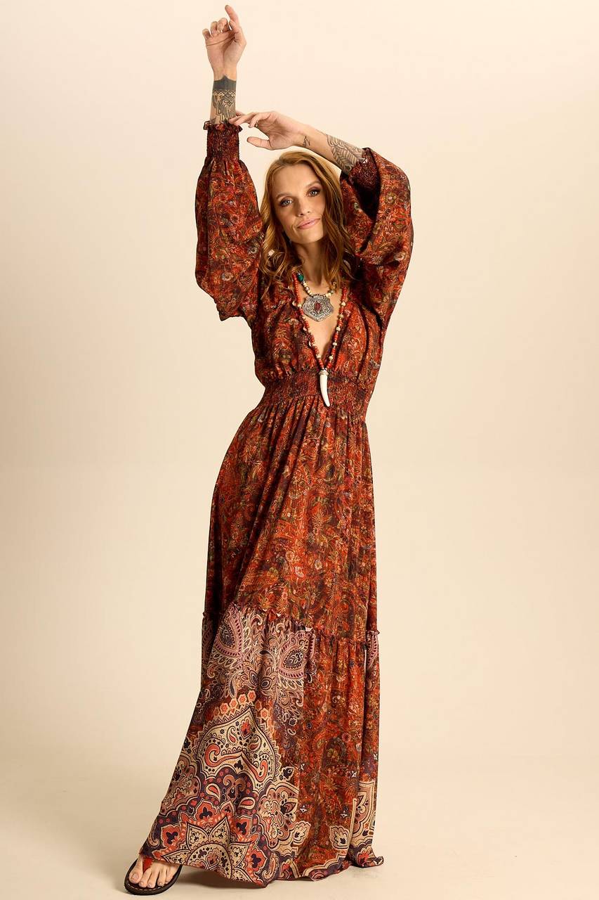 Yacamim Brown Patchwork Print Long V-Neck Off-Shoulder Dress