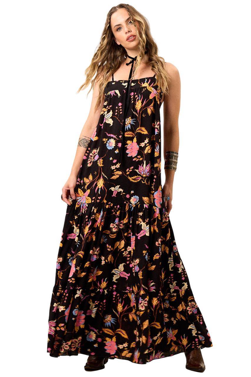 Yacamim C1 Printed Black Long Dress with Adjustable Straps