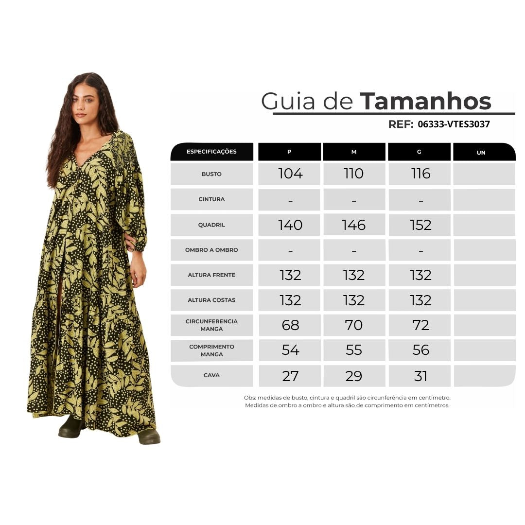Vestido Longo Com Mangas Bufantes Preto Estampa Folhas Verdes Yacamim E11