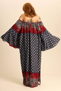 Yacamim Blue and Red Printed Flare Sleeve Off-the-Shoulder Long Dress