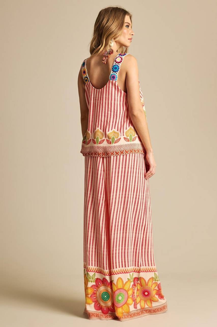 Yacamim Red Striped Elasticated Wide-Leg Pants A33