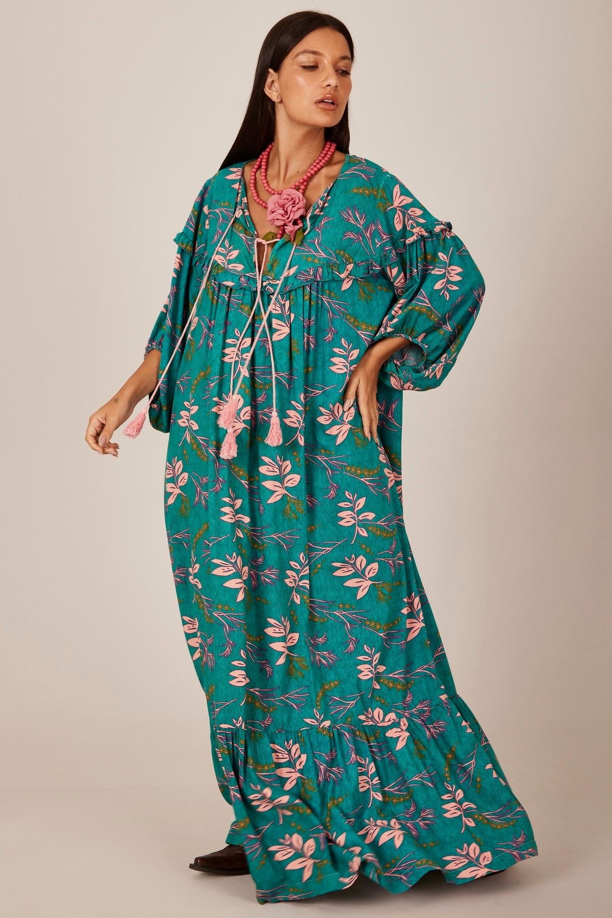 Yacamim C2 Green Printed Long Dress with Puffy Sleeves