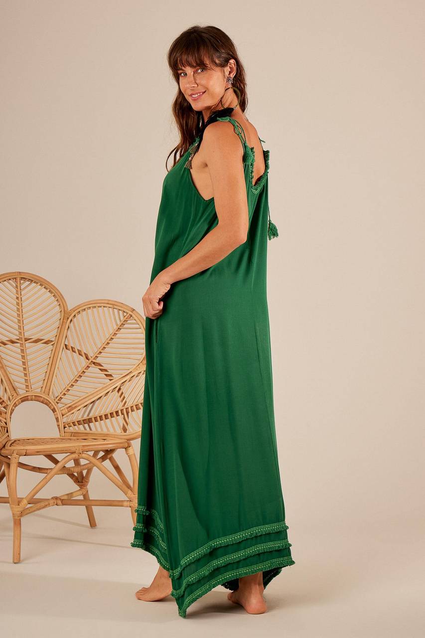 Yacamim Forest Green Strappy Ruffle Long Dress