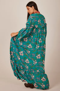 Yacamim C2 Green Printed Long Dress with Puffy Sleeves