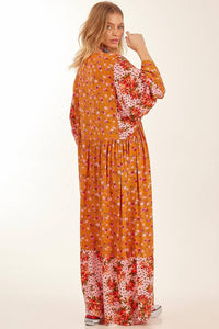 Yacamim Orange Patchwork Long-Sleeved Batwing Long Dress