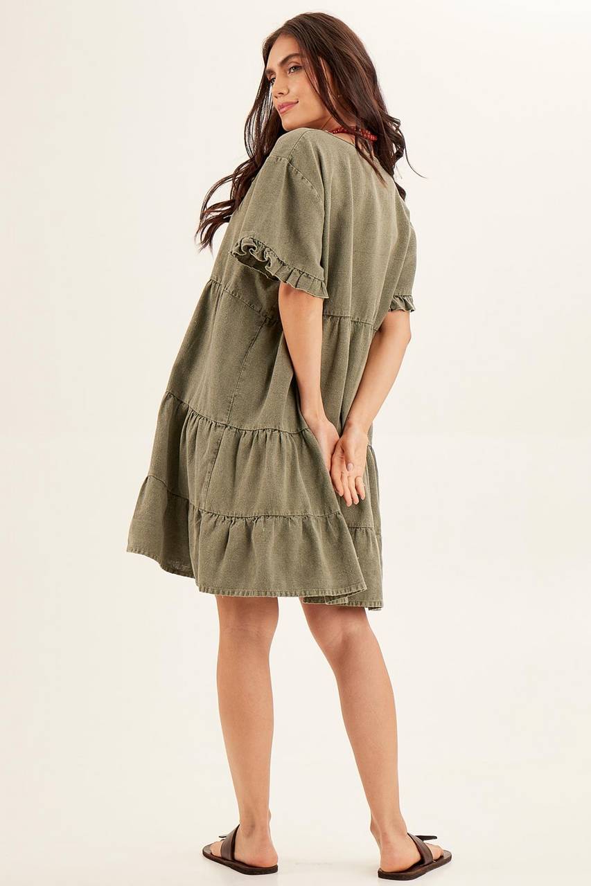 Yacamim Stone Washed Moss Green Linen Short Dress