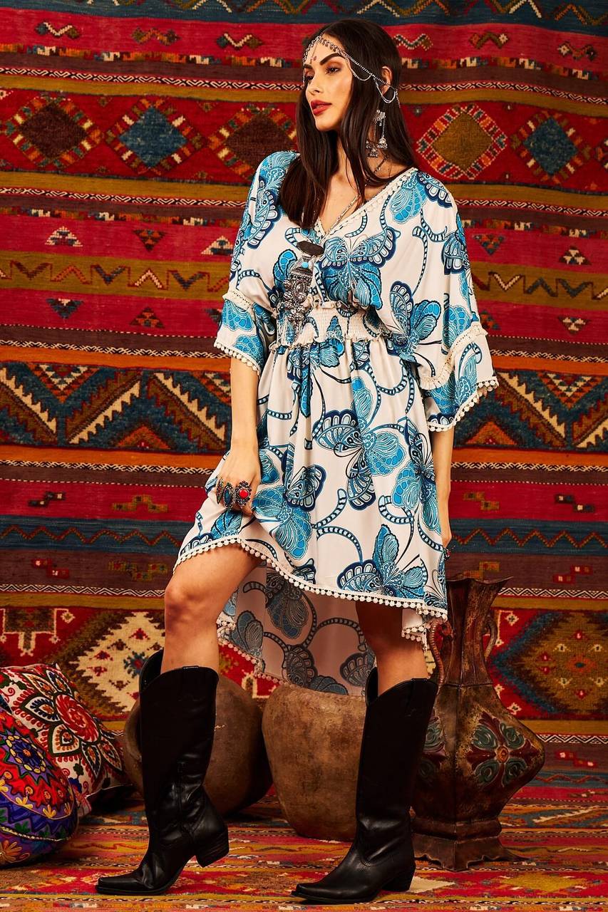 Yacamim White Butterfly Print Mullet Dress with Shirred Waist