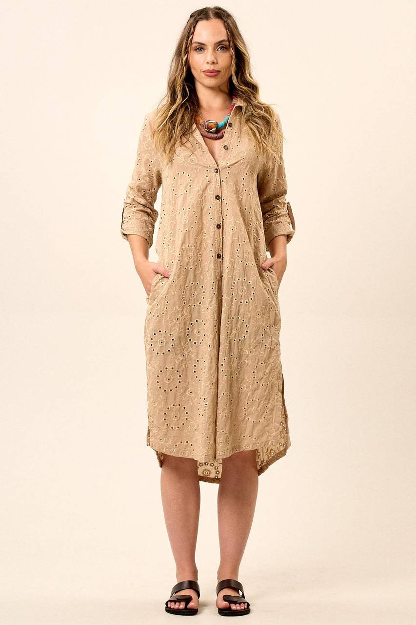 Dark Beige Embroidered Midi Shirt Yacamim N2