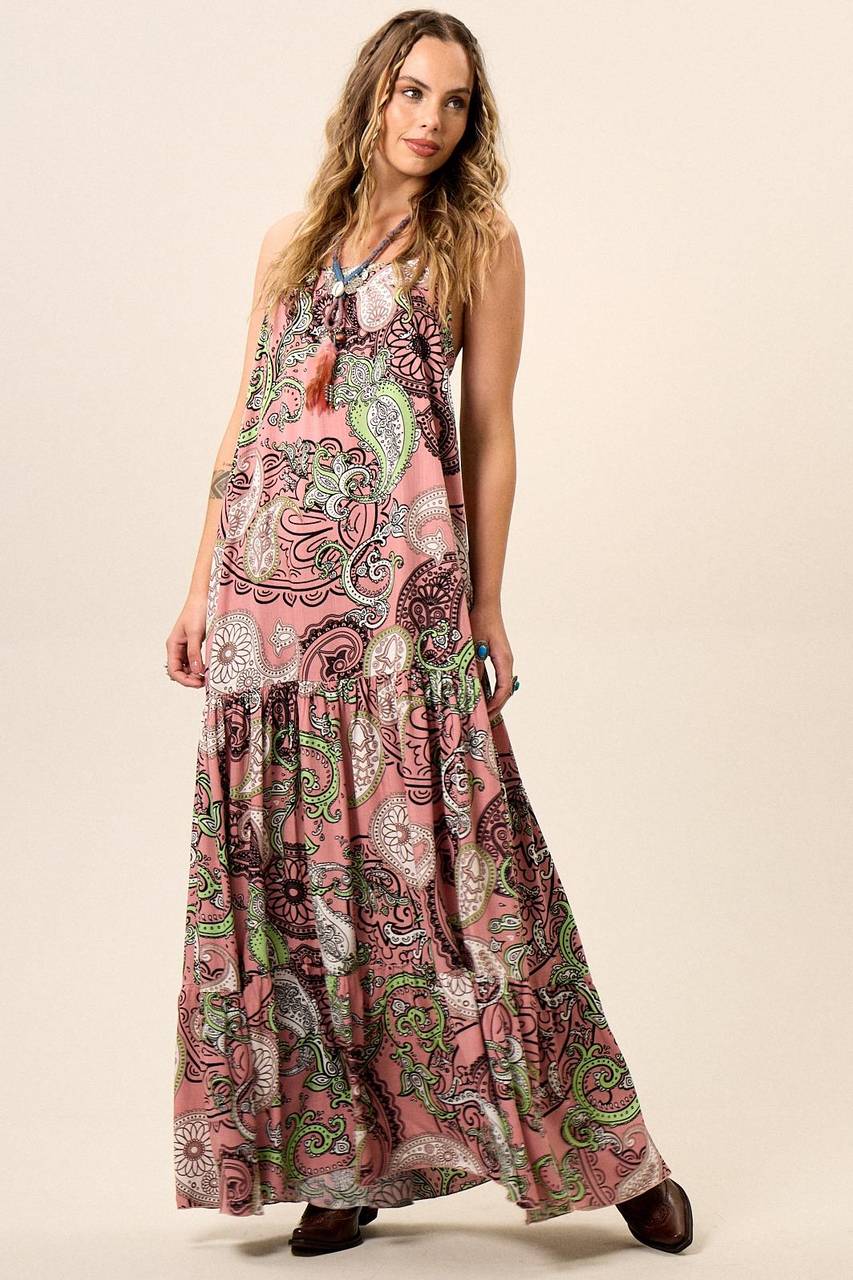 Yacamim C28 Rose Floral Print Long Dress with Adjustable Straps and Ruffles