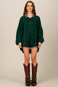 Yacamim Dark Green Loose Tunic with Lace B3