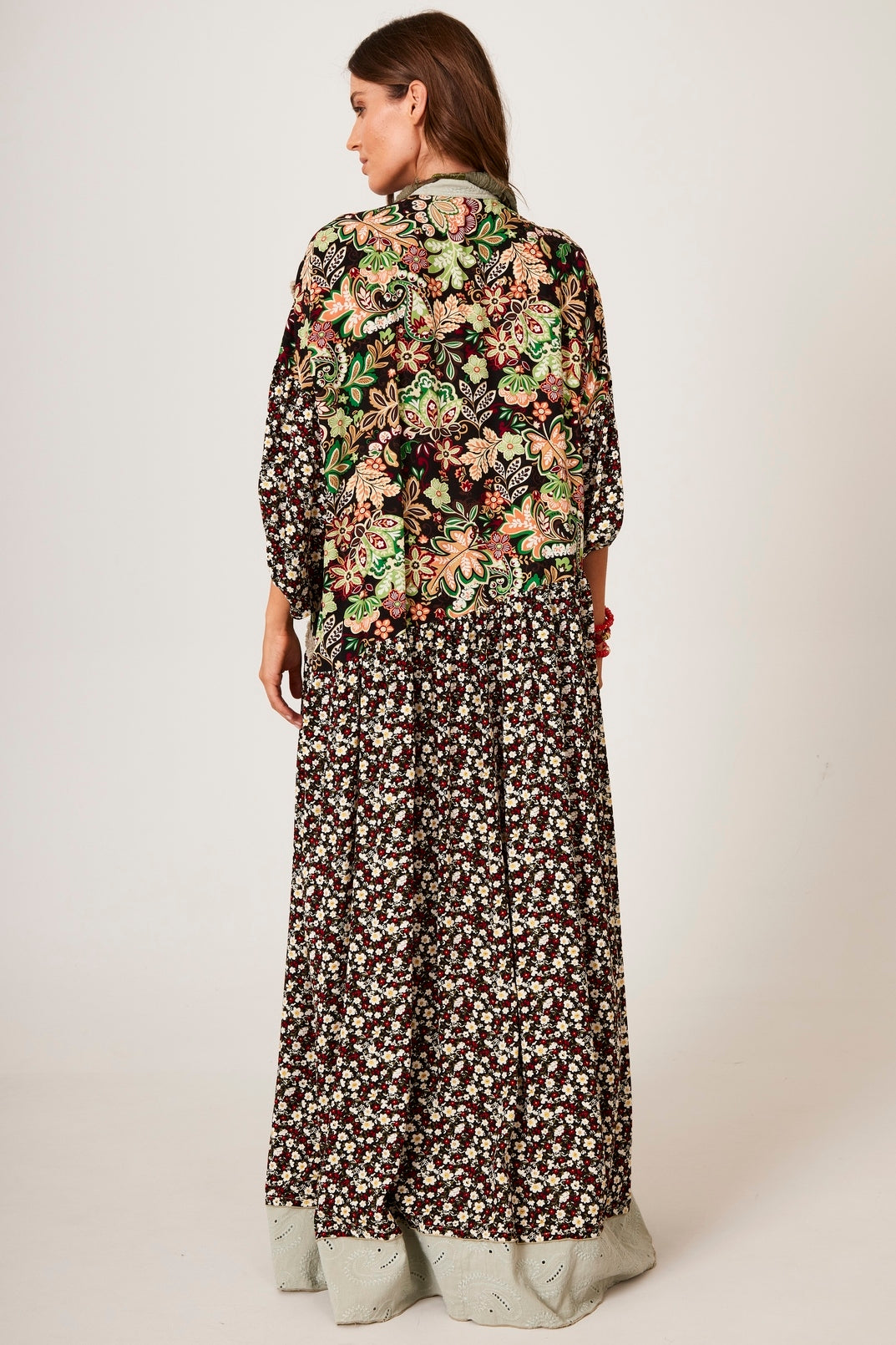 Yacamim K8 Green Patchwork Print Long Shirt Dress