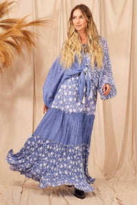 Yacamim Blue Patchwork Ruffled High-Waisted Skirt