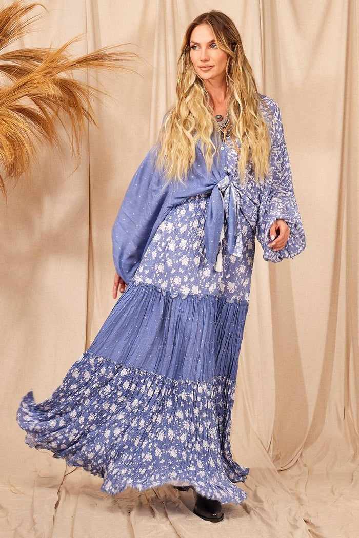 Yacamim Blue Patchwork Ruffled High-Waisted Skirt