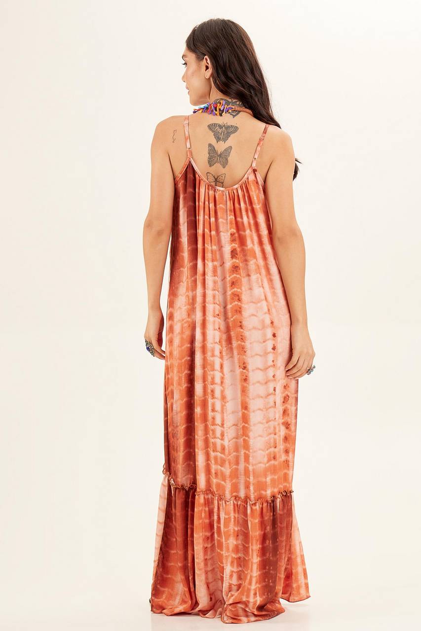 Yacamim Brown Tie-Dye Long Dress with Adjustable Straps