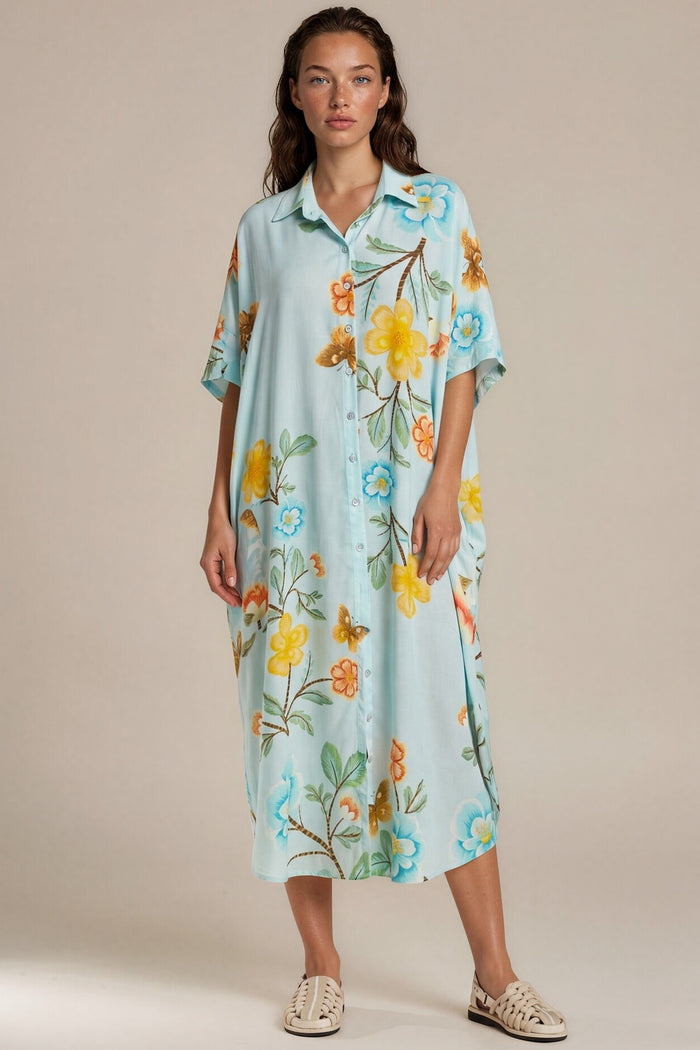Chemise Midi Ampla Estampada Azul Claro Yacamim N1