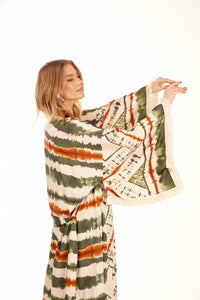 Yacamim Long Kimono with Green Tie-Dye Digital Print and Fringes