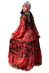Yacamim Patchwork Pink Long Dress with Puffy Long Sleeves