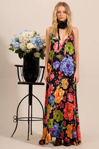 Yacamim Black Floral Print V-Neck Long Dress with Adjustable Straps