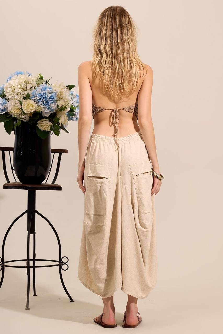 Yacamim Beige High-Waisted Pantacourt Trousers