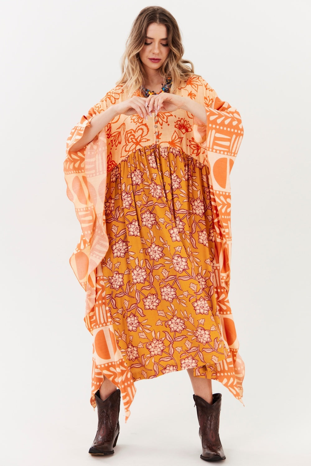 Yacamim I3 Orange Printed Patchwork Loose Midi Kaftan