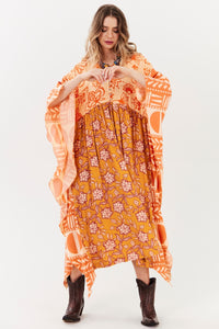 Yacamim I3 Orange Printed Patchwork Loose Midi Kaftan