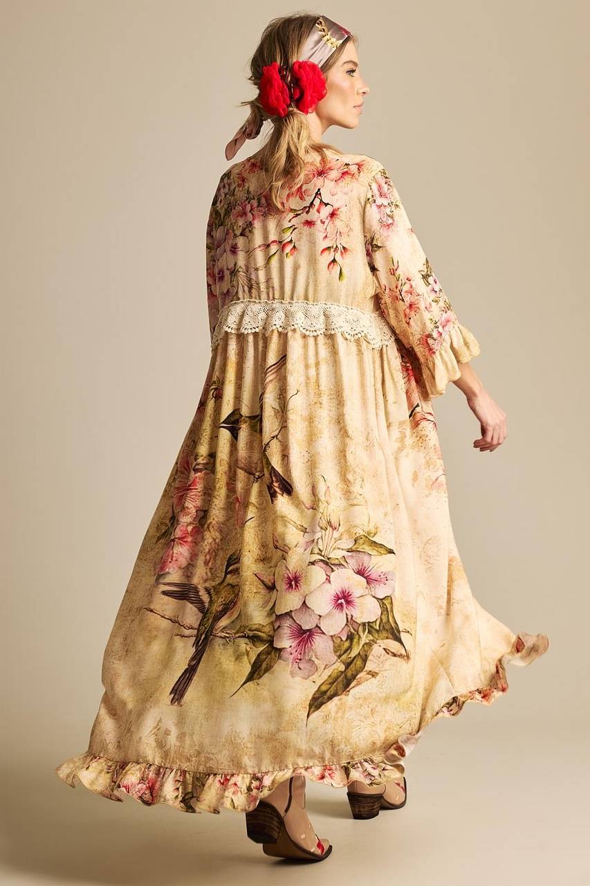 Yacamim D23 Beige Printed Midi Dress With Front Slit