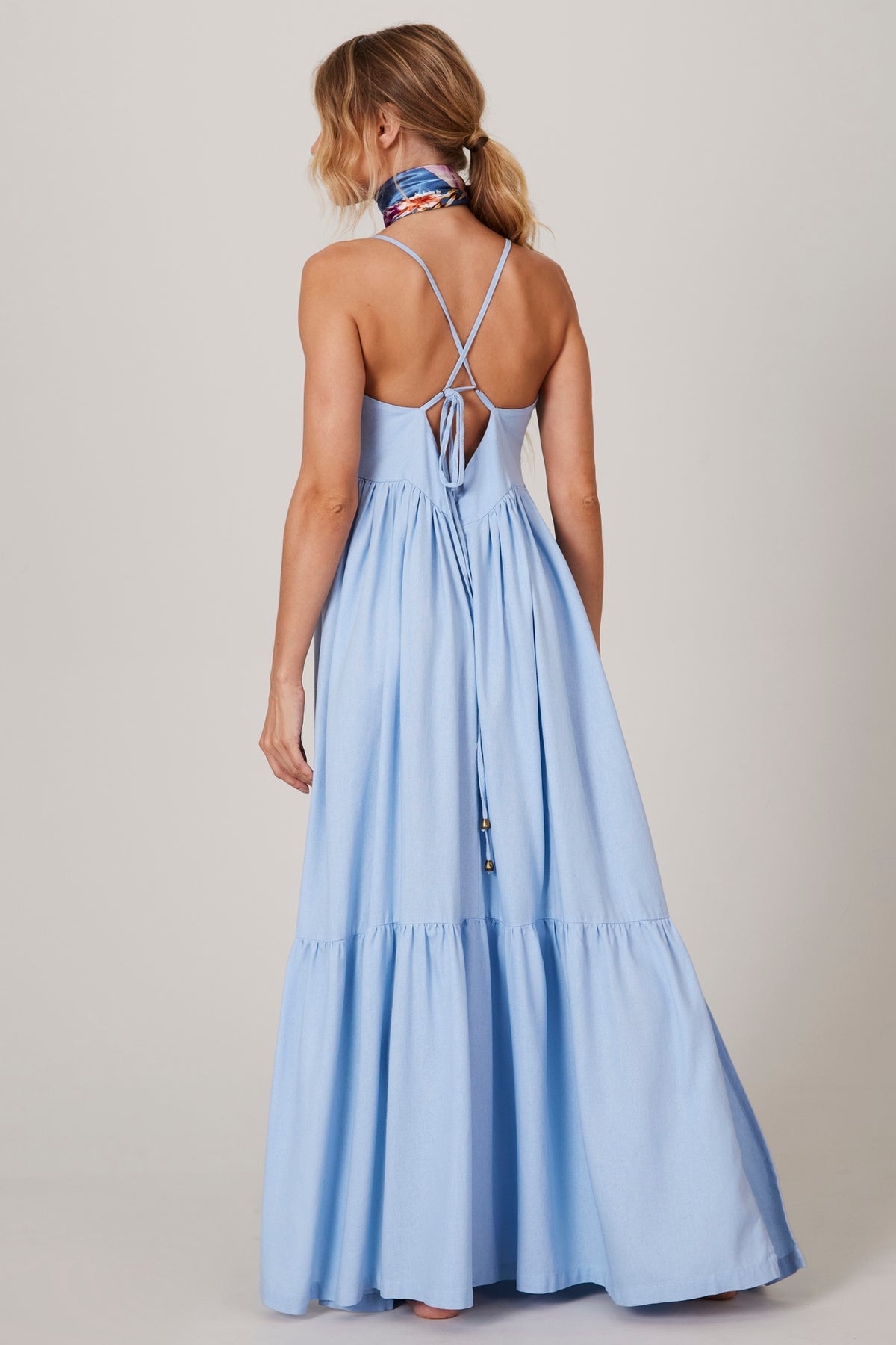 Yacamim Light Blue Linen Plain Long Dress