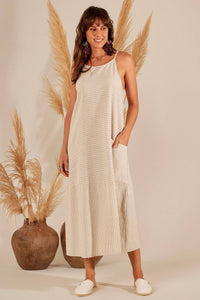 Yacamim Beige Pinstripe Linen Midi Dress