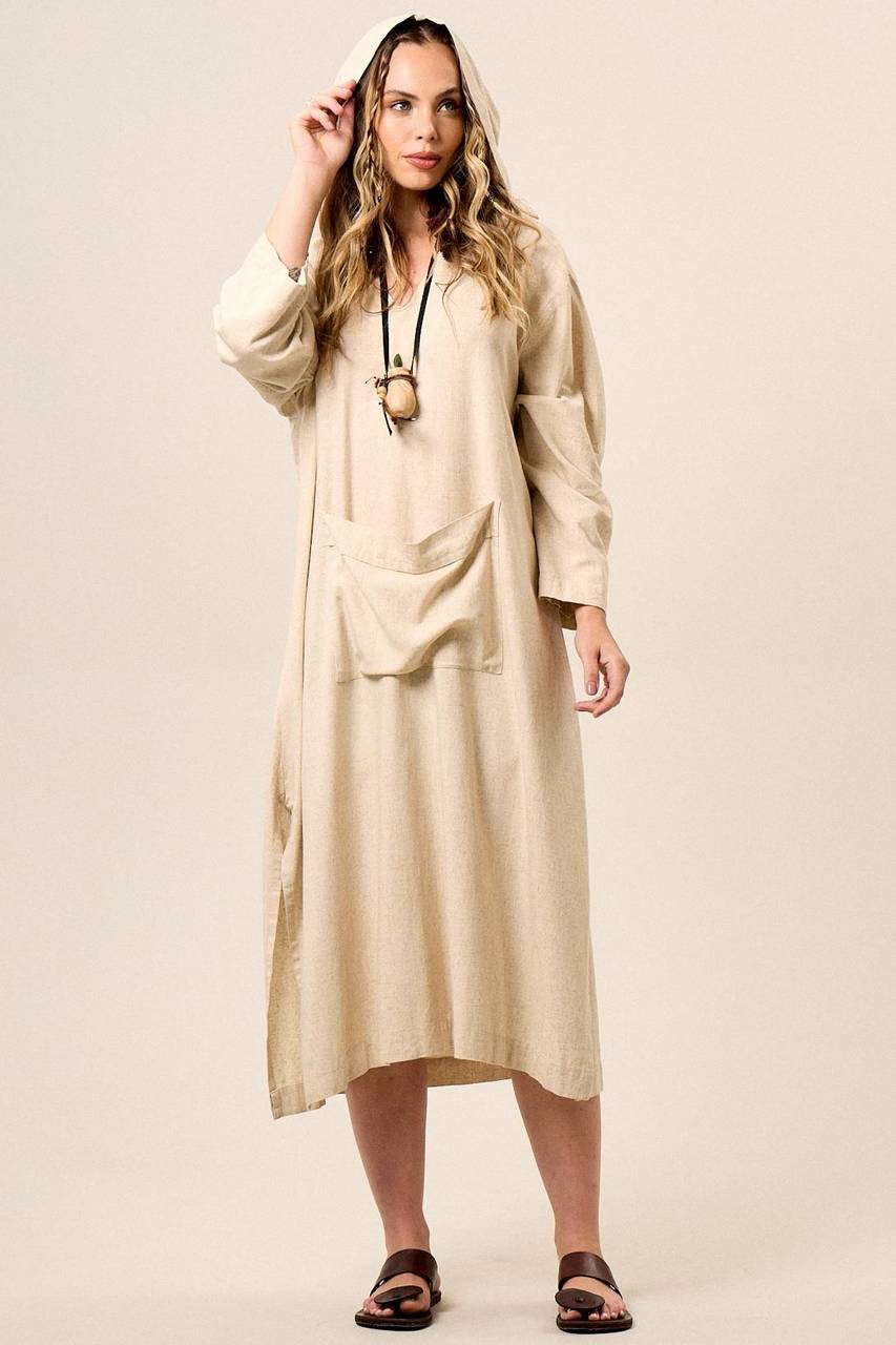 Yacamim Beige Viscose Linen Midi Dress with Long Sleeves and Hood
