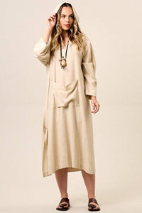 Yacamim Beige Viscose Linen Midi Dress with Long Sleeves and Hood