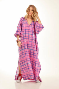 Yacamim Pink Plaid Long Dress with Puffy Long Sleeves