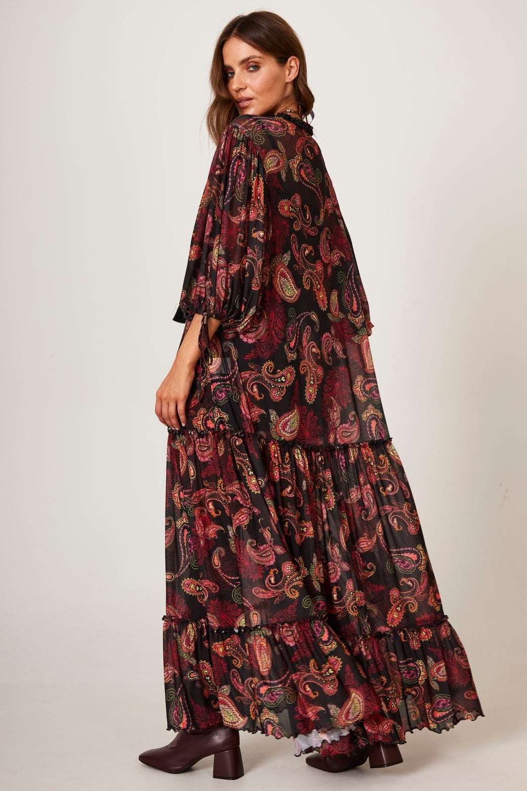 Yacamim E6 Black Tulle Long Dress with Cashmere Print