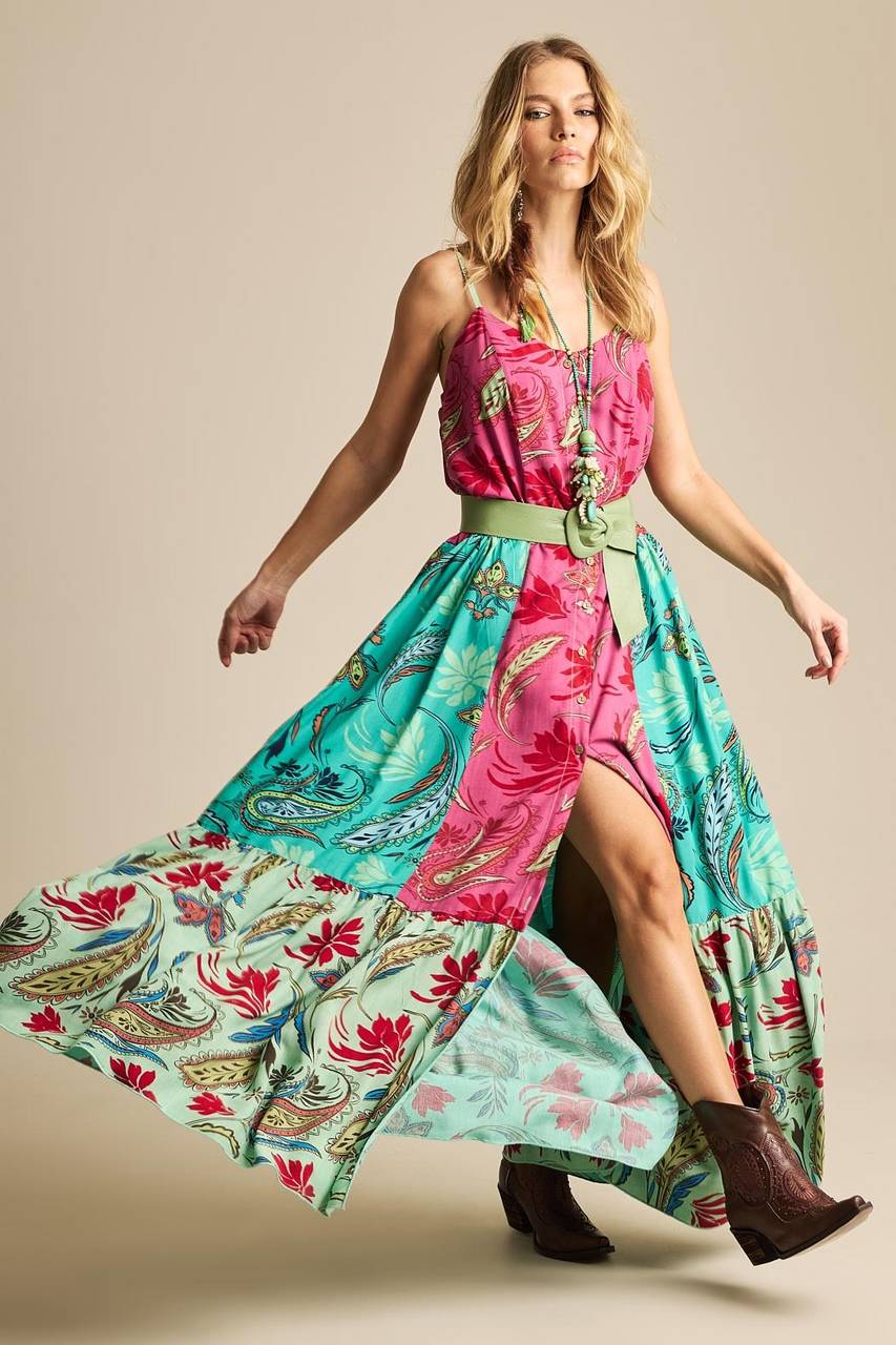 Yacamim D20 Pink and Green Patchwork Long Dress with Adjustable Straps