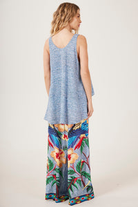 Yacamim A9 Blue Araras Print Wide-Leg Pants with Back Pockets