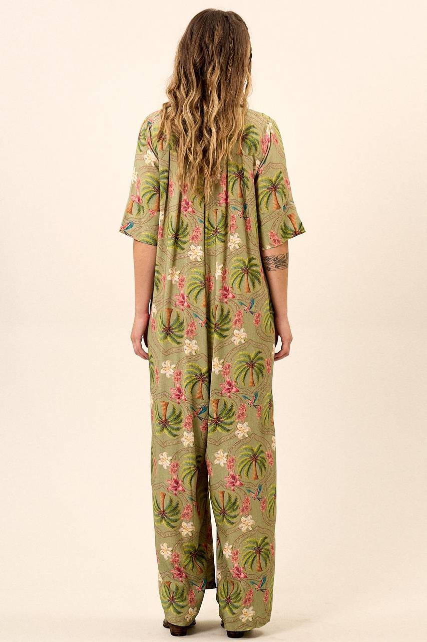 Yacamim O3 Green Printed Wide-Leg Jumpsuit