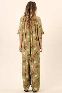 Yacamim O3 Green Printed Wide-Leg Jumpsuit