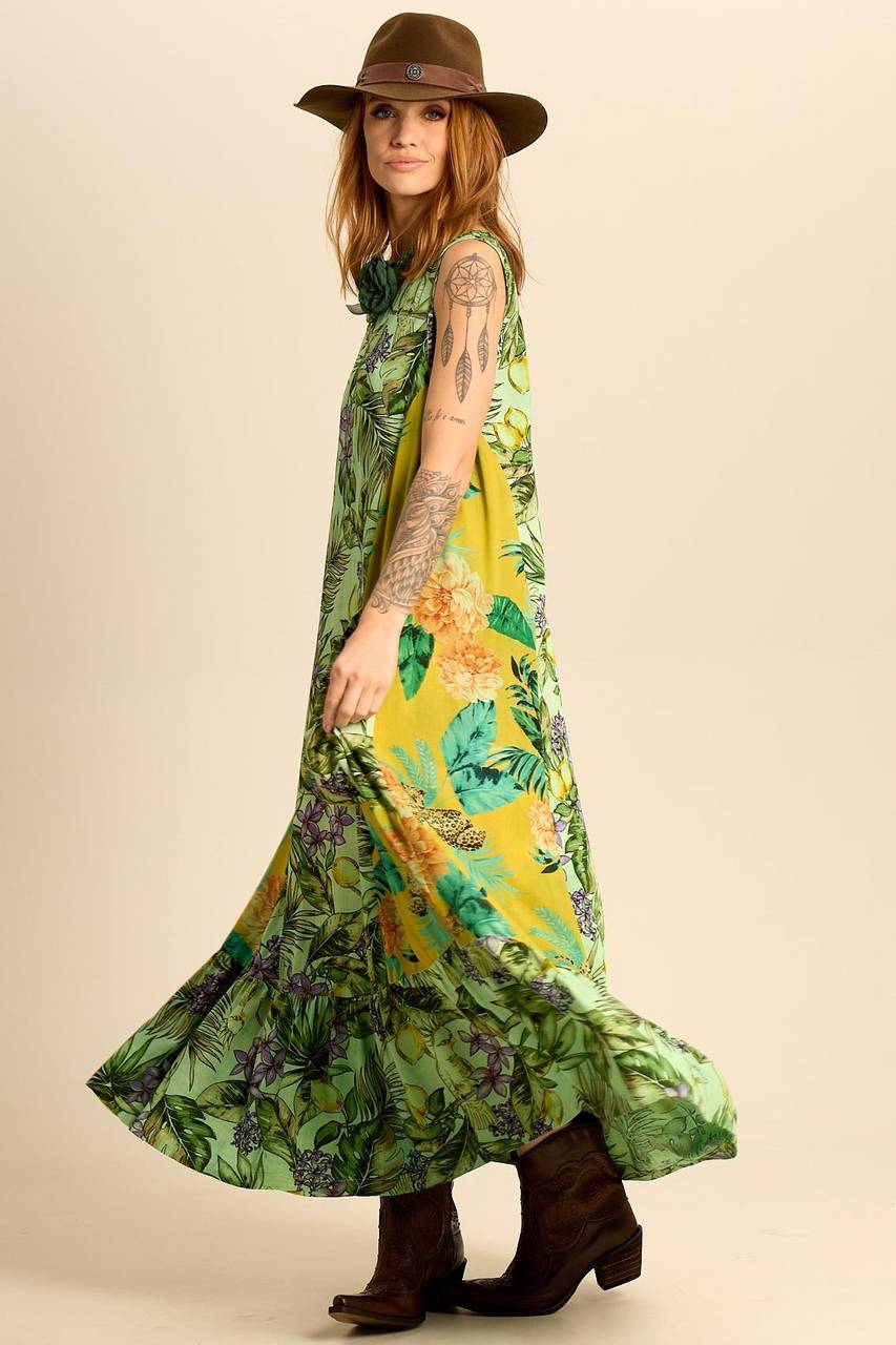 Yacamim Green Patchwork Sleeveless Midi Dress