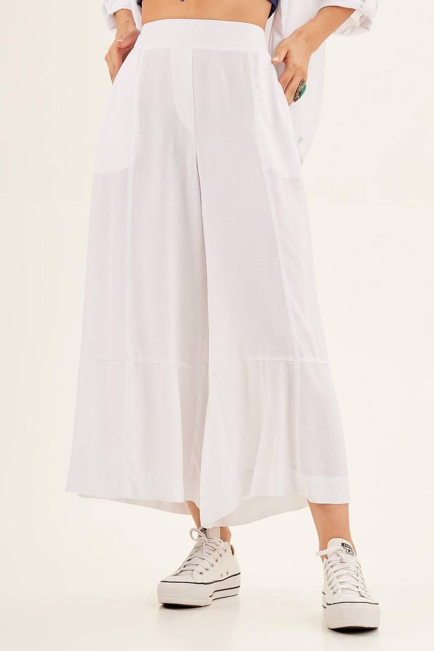 Yacamim Women's White Transparent Pantacourt Trousers with Pockets H7