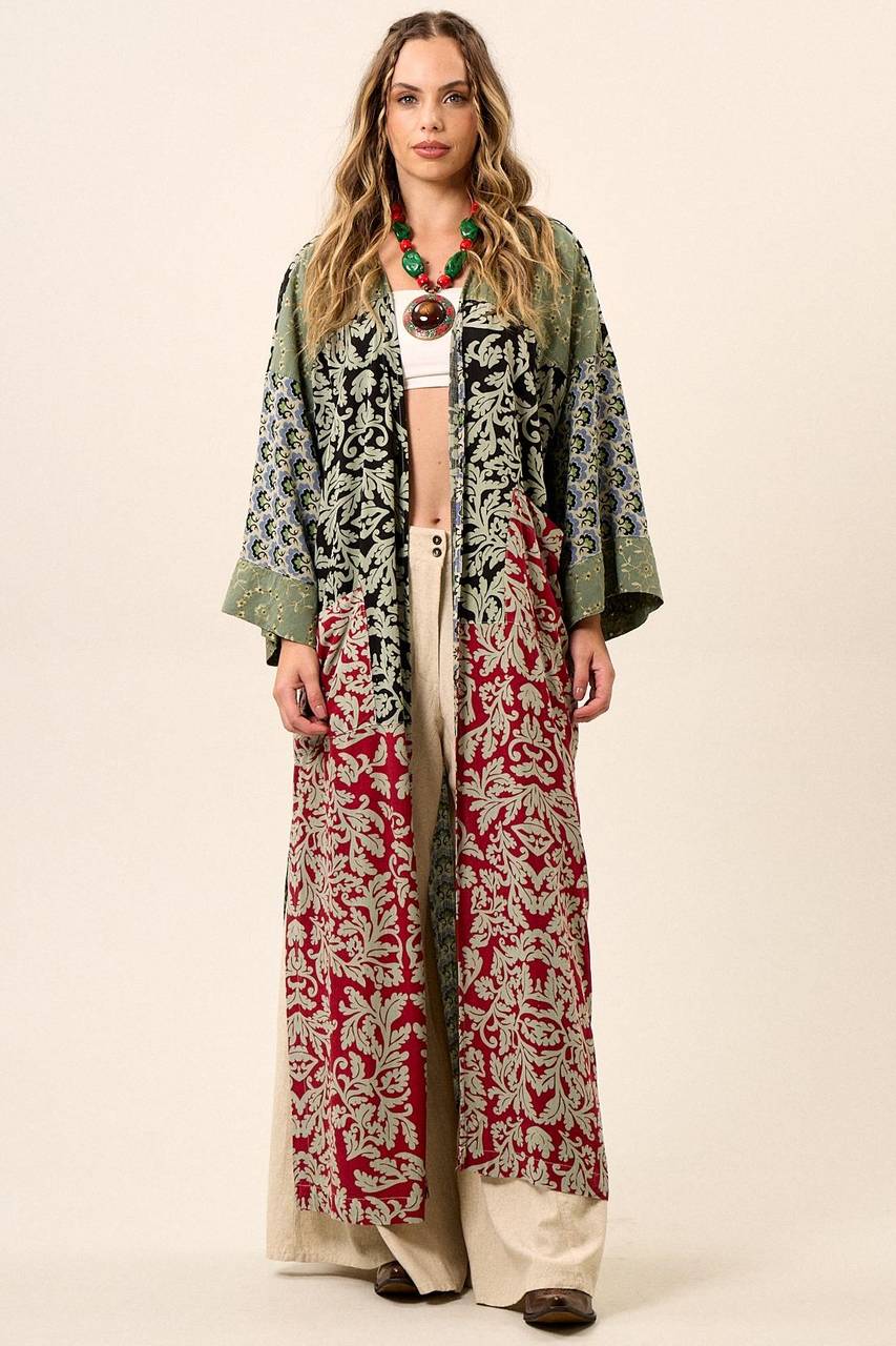 Yacamim Patchwork Green Long Kimono with Wide Long Sleeves