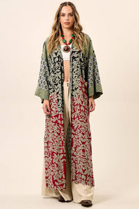 Yacamim Patchwork Green Long Kimono with Wide Long Sleeves