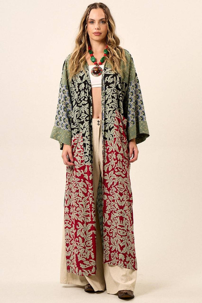 Yacamim Patchwork Green Long Kimono with Wide Long Sleeves