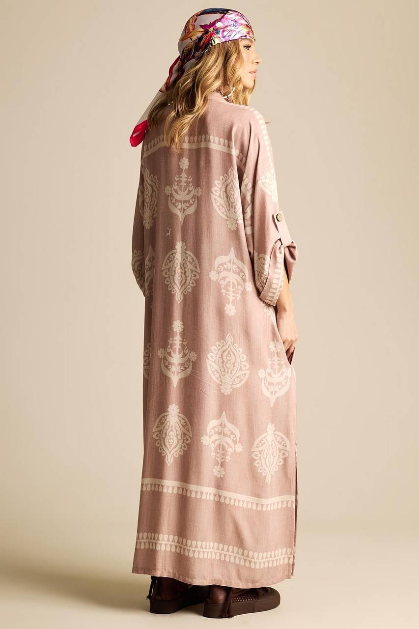 Light Brown Printed Wrap V-Neck Maxi Dress Yacamim N3