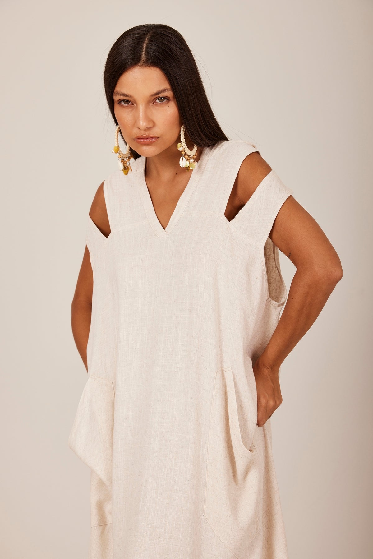 Yacamim D9 Beige Linen Long Dress with Cut-Out Shoulders and Hood