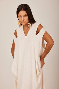Yacamim D9 Beige Linen Long Dress with Cut-Out Shoulders and Hood