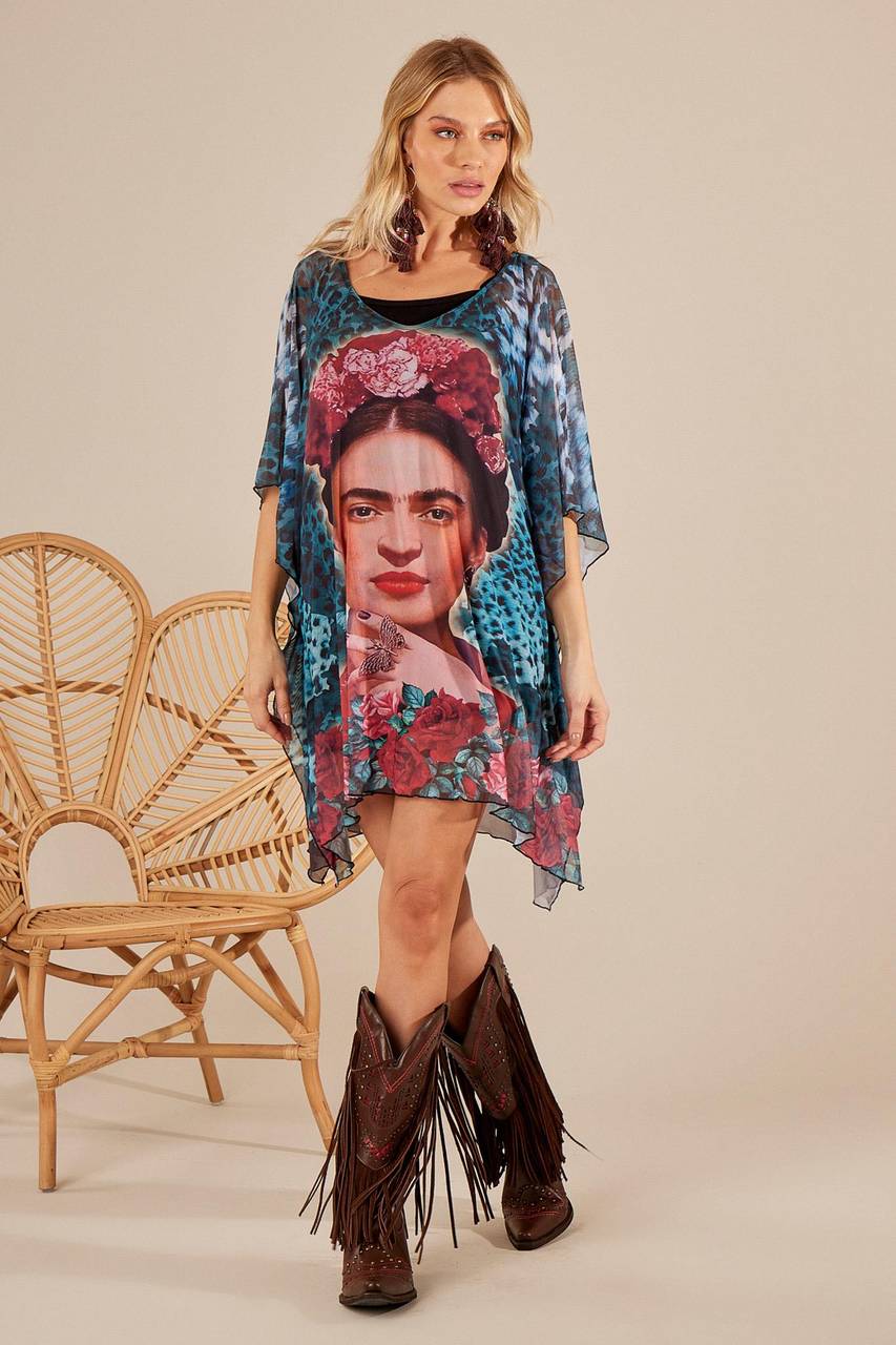 Wide Transparent Blouse with Frida Kahlo Blue Print Yacamim