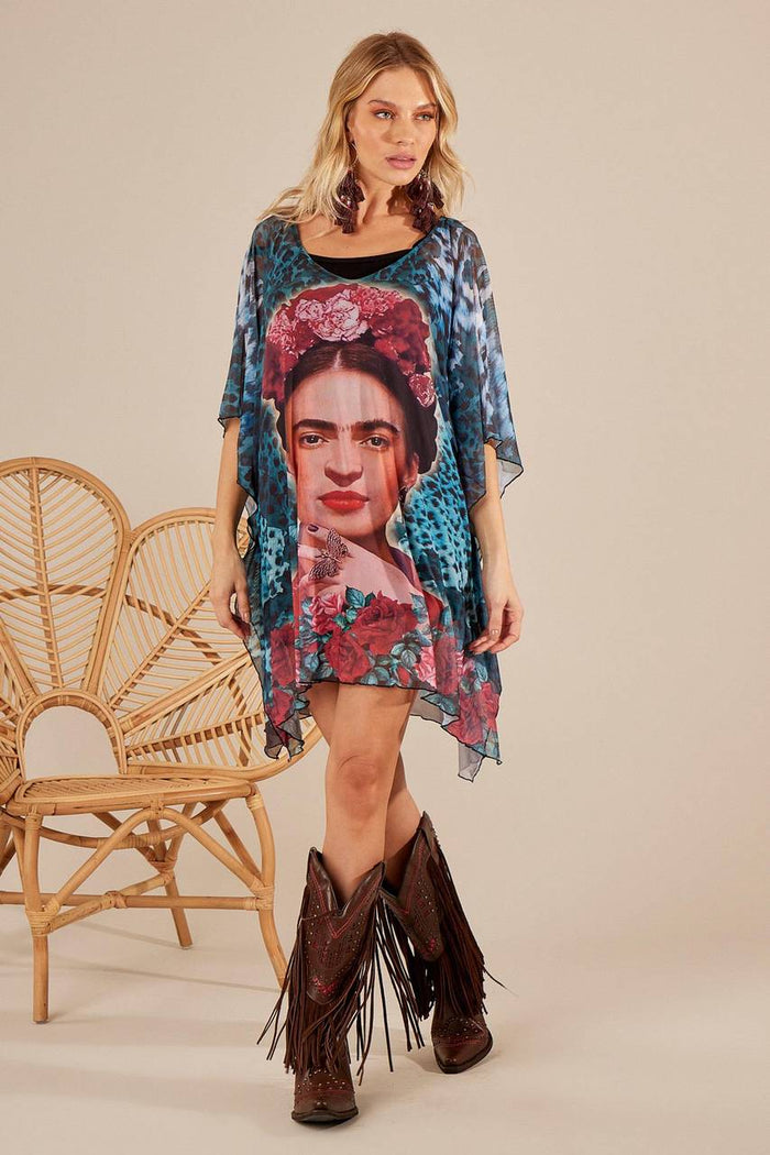 Wide Transparent Blouse with Frida Kahlo Blue Print Yacamim