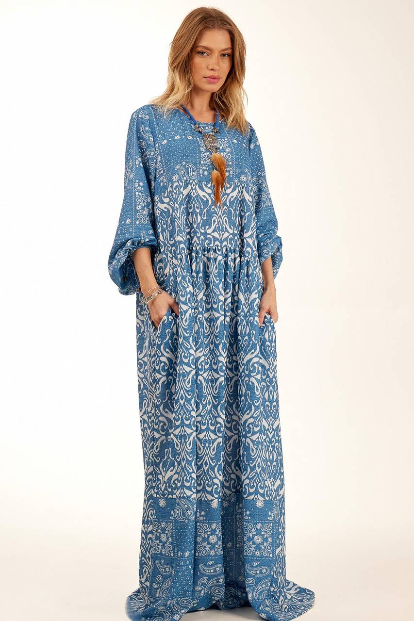 Blue Patchwork Yacamim Long Polyester Dress With Puffy Sleeves