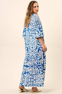 Yacamim Blue Printed Long Shirt Dress with 3/8 Raglan Sleeves