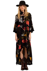 Yacamim C18 Printed Black Mullet Dress with Fringed Cuffs and Hem