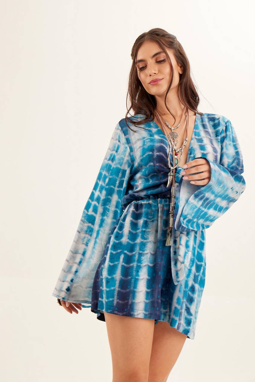 Women's Blue Digital Tie Dye Front Tie Romper Yacamim